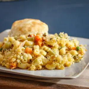 mac and cheese with chicken and vegetables on a plate