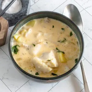 Maine haddock chowder in a bowl.