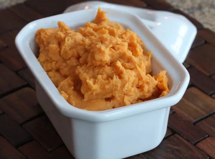 maple mashed sweet potatoes in a serving dish