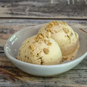 maple walnut ice cream with a garnish of maple flakes