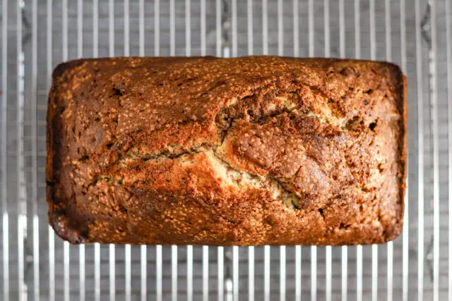 Marble pound cake baked and cooling.