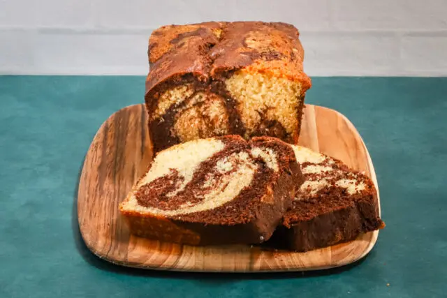 Sliced chocolate and vanilla marble pound cake.