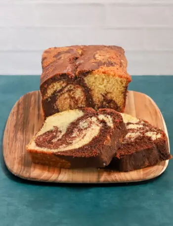 Sliced chocolate and vanilla marble pound cake.