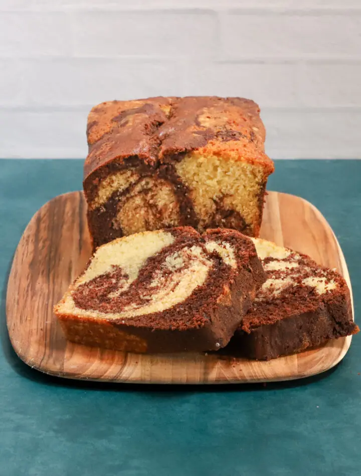 Sliced chocolate and vanilla marble pound cake.