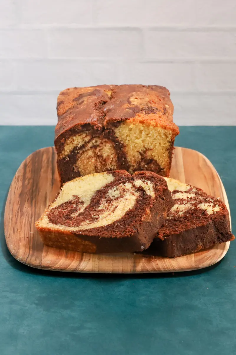 Sliced chocolate and vanilla marble pound cake.