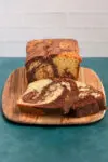 Sliced chocolate and vanilla marble pound cake.