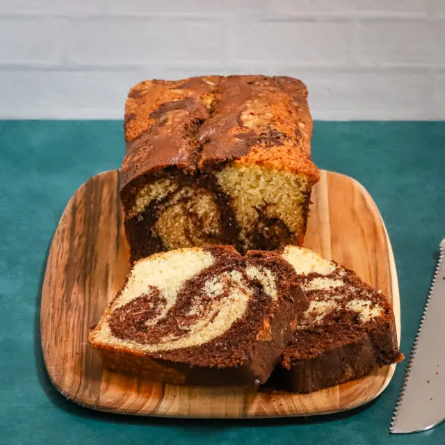 Sliced chocolate and vanilla marble pound cake.