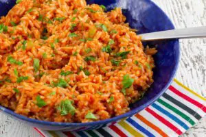 mexican rice in a serving bowl