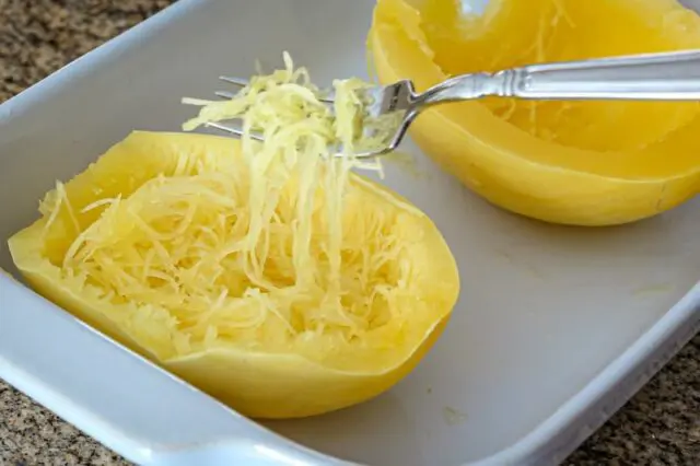 Spaghetti squash in a baking dish cooked in the microwave—strands lifted with a fork.