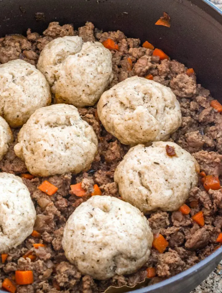 mince and dumplings in a skillet