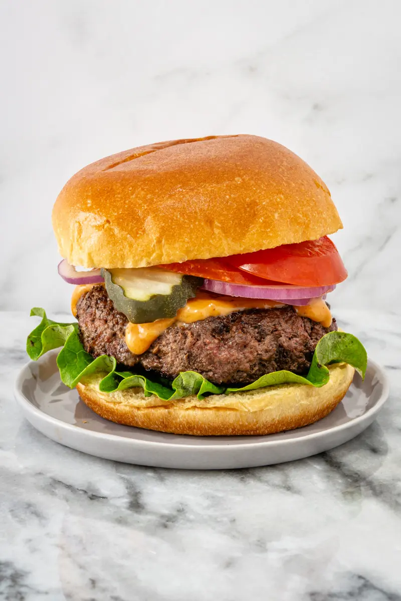 A mozzarella burger with toppings on a brioche bun.