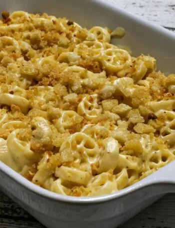 muenster and cheddar macaroni and cheese in a baking dish