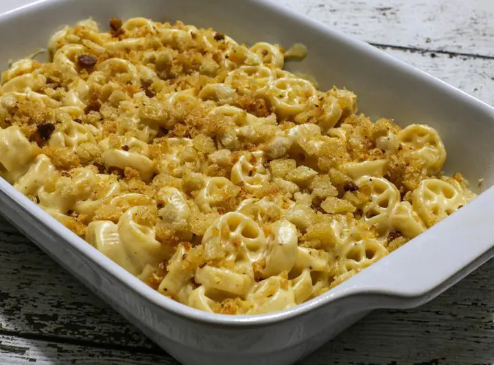 muenster and cheddar macaroni and cheese in a baking dish