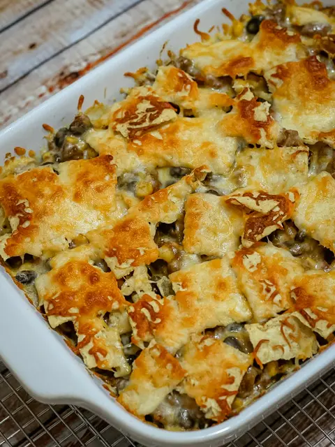 nacho casserole in baking dish