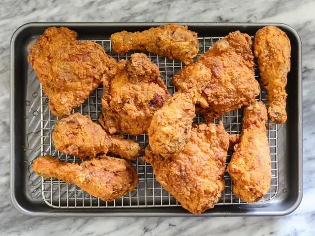 fried chicken on a rack