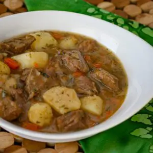 A serving of old-fashioned beef stew.