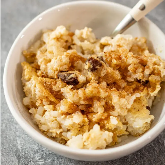 A bowl of rice pudding with cinnamon topping.