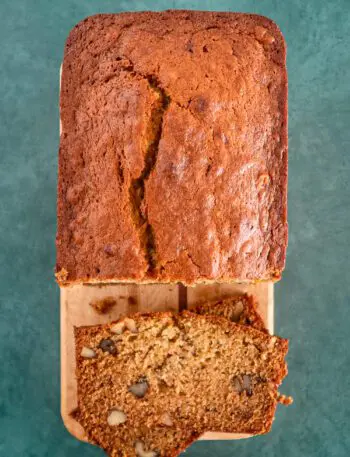 one egg banana bread overhead photo of the loaf with cut slices