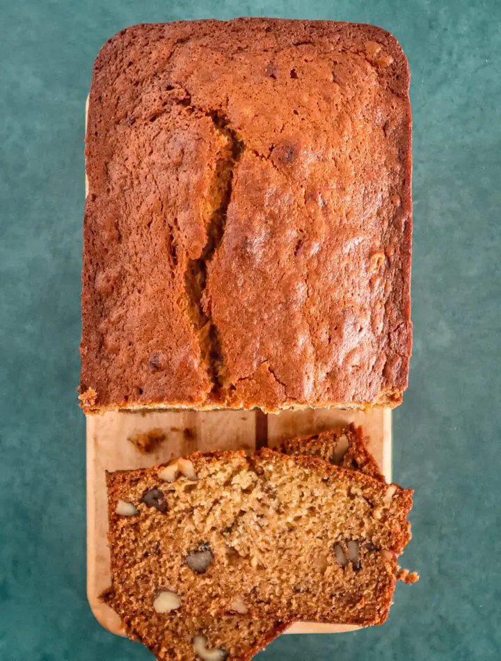 one egg banana bread overhead photo of the loaf with cut slices