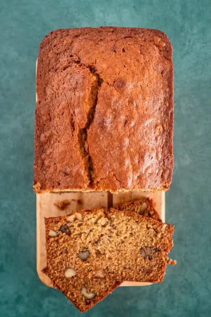 one egg banana bread overhead photo of the loaf with cut slices