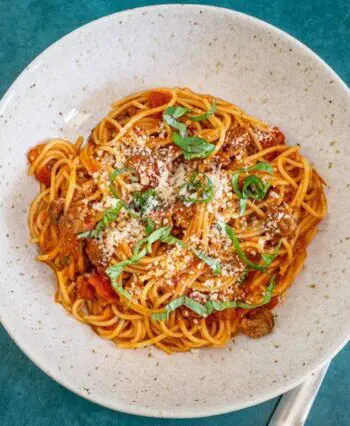One pot spaghetti dinner, a serving in a wide bowl.
