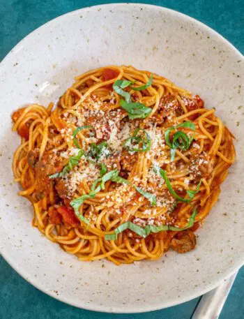 One pot spaghetti dinner, a serving in a wide bowl.