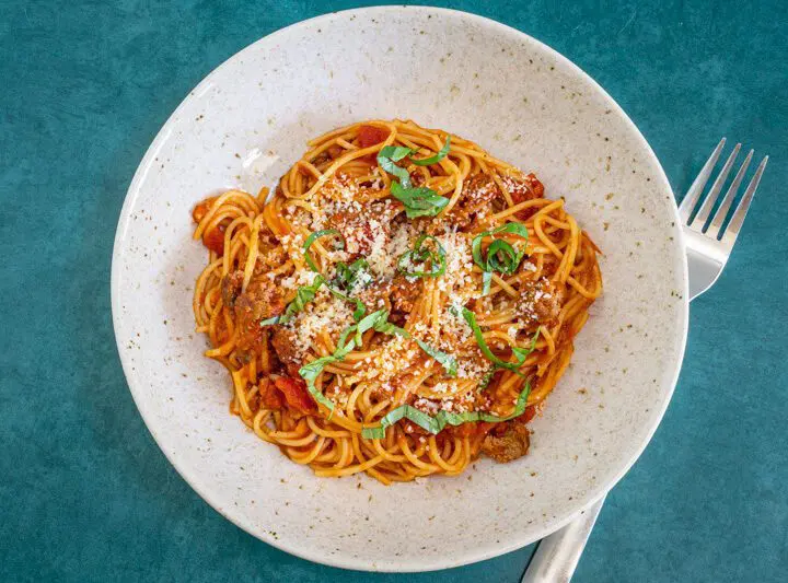 One pot spaghetti dinner, a serving in a wide bowl.