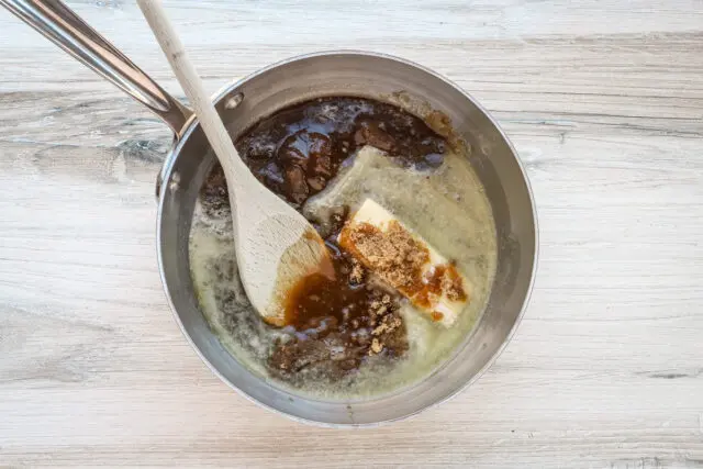 Overnight French toast prep: Combine the butter, brown sugar, cream, and maple syrup in a saucepan and simmer until smooth.