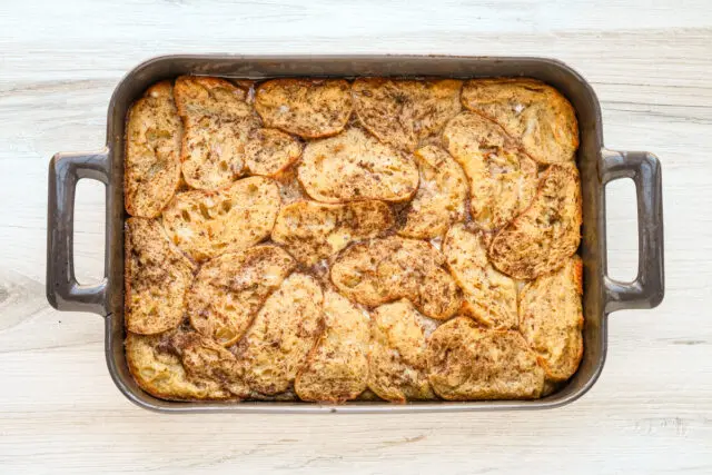 Baked overnight French toast ready to slice and eat.