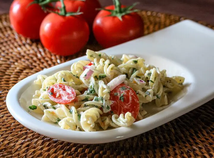 pasta salad on a serving plate