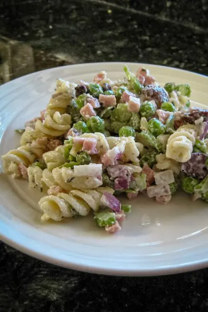 pasta salad with ham on a plate