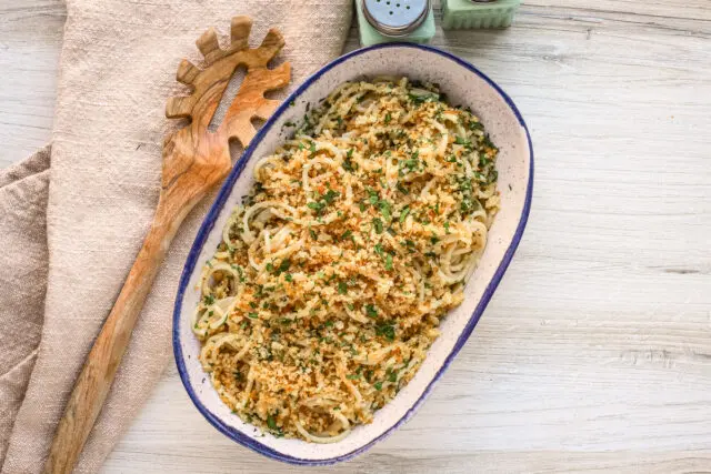 Pasta with anchovy butter in a serving dish, ready to enjoy.