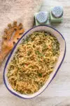 Pasta with anchovy butter in a serving dish, ready to enjoy.