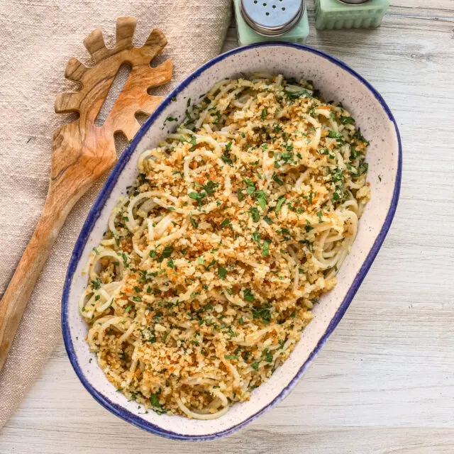 Pasta with anchovy butter in a serving dish, ready to enjoy.