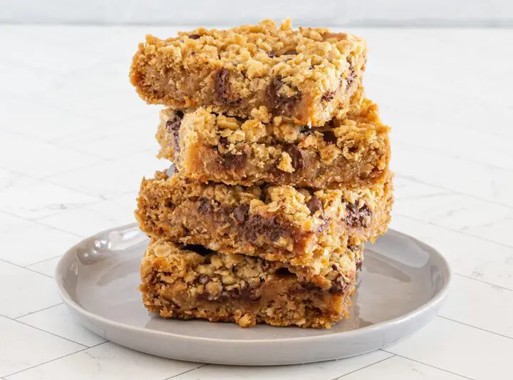 A stack of peanut butter chocolate chip oat bars