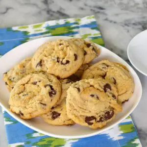 A plate of peanut butter chocolate chip cookies