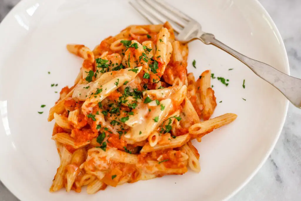 a serving of penne pasta with tomatoes and mozzarella cheese