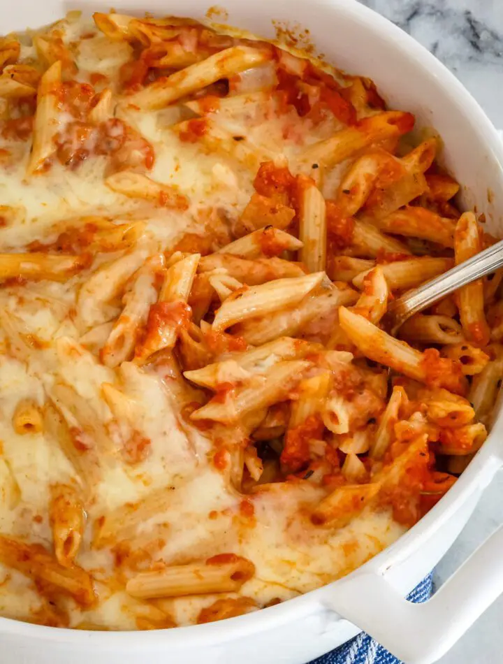 penne pasta casserole in the baking dish