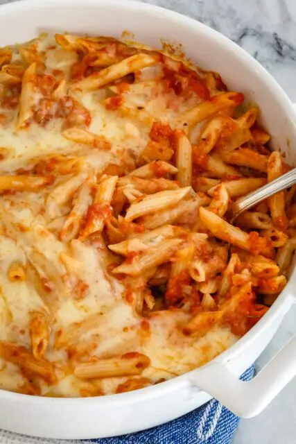 penne pasta casserole in the baking dish