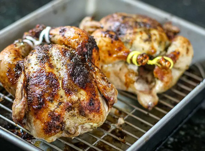 pesto coated Cornish game hens in a roasting pan