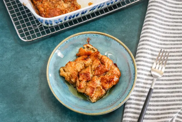 French toast casserole with maple syrup, brown sugar, cinnamon, and vanilla.