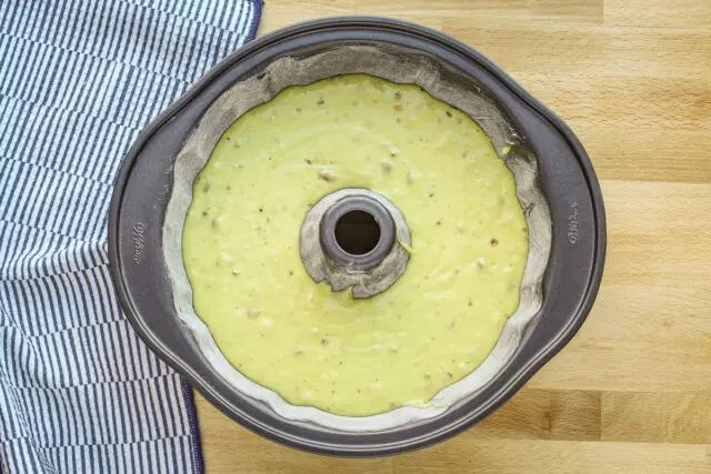 An easy pistachio cake is ready to bake.