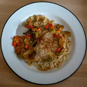 busy day pork chop and rice casserole on a plate