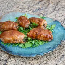 pork tenderloin and green onion wraps on plate