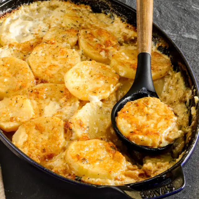 Potato and Gruyere gratin with caramelized onions.