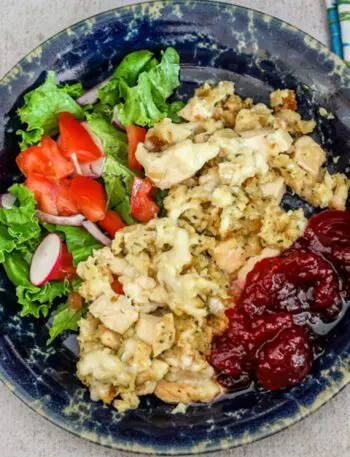 Chicken and dressing portion on a plate with cranberry sauce and a small salad.