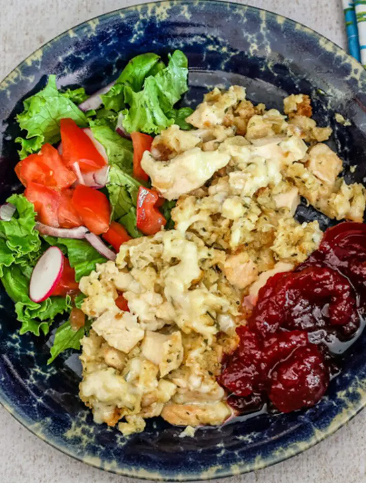 Chicken and dressing portion on a plate with cranberry sauce and a small salad.