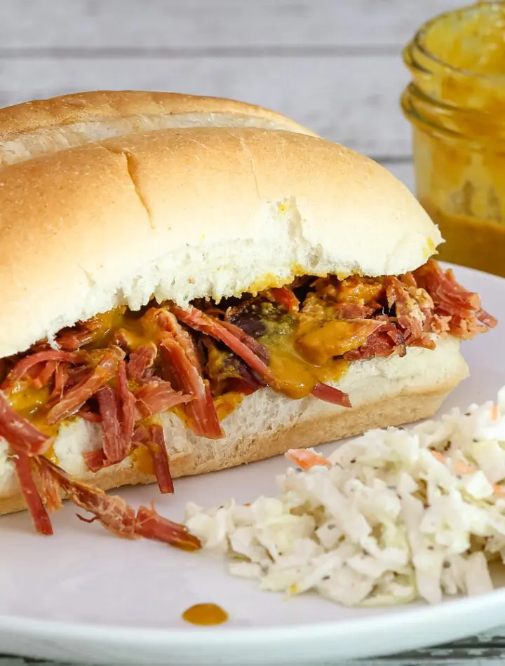 smoked picnic pulled pork with mustard sauce