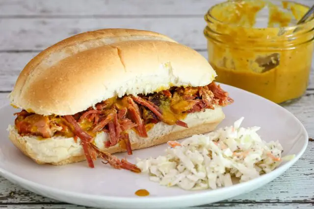 smoked picnic pulled pork with mustard sauce