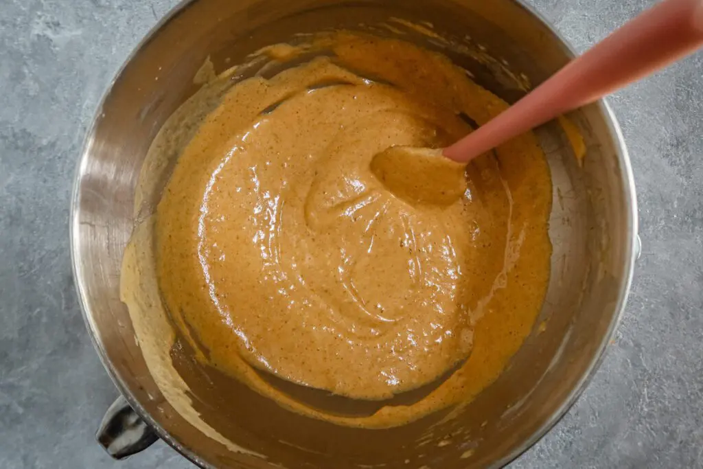 stir the pumpkin cake batter